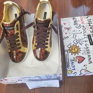 DOLCE AND GABANNA TENNIS SHOES, NEW SIZE 10  LEOPARD PRINT PATENT LEATHER